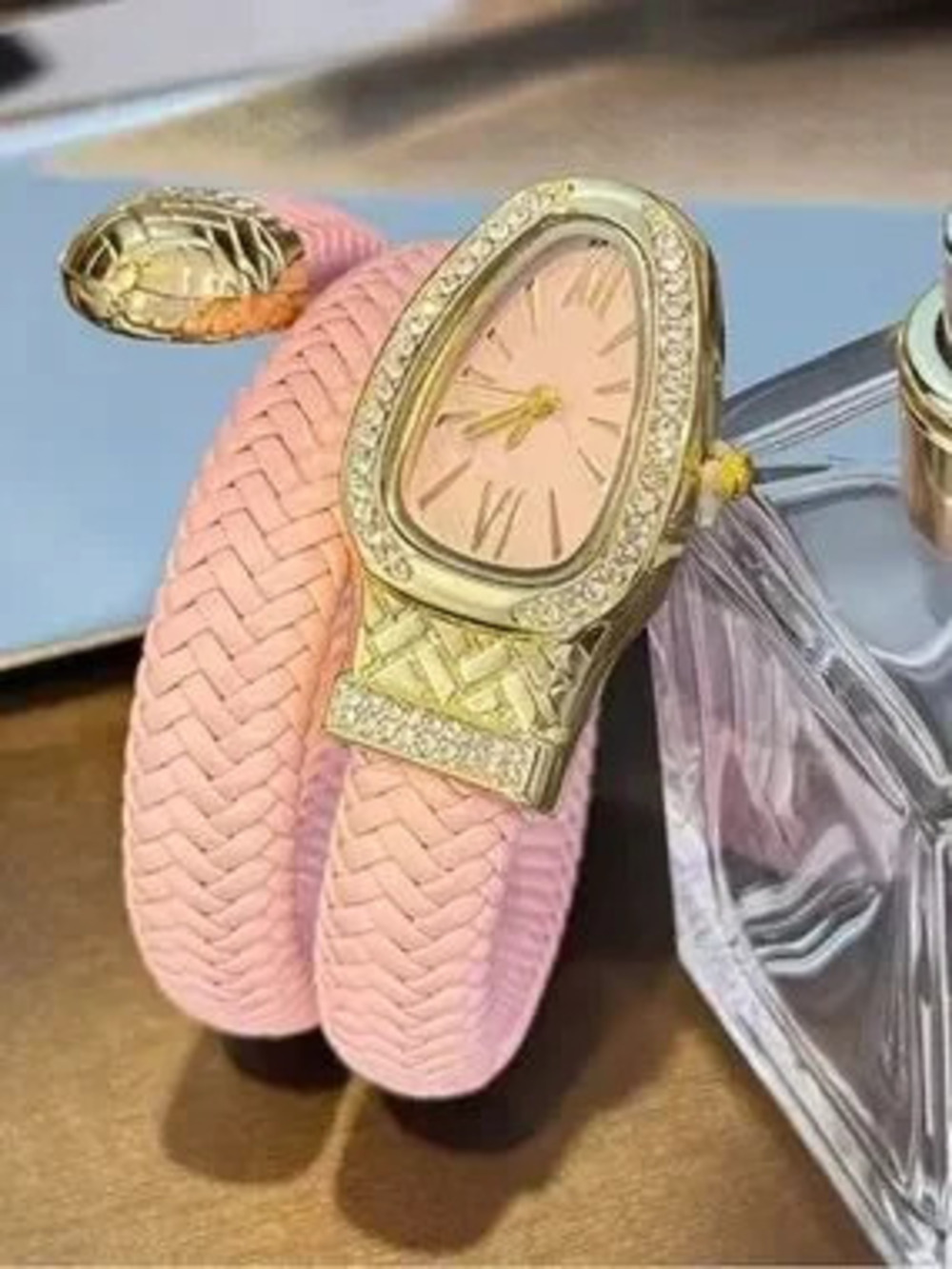 Serpentine Elegant Pink Braided Wrap Watch with Gold Crystal Accents